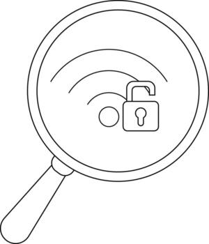 A magnifying glass over a wifi symbol with an open padlock vector