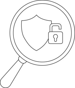 A magnifying glass frames a shield and an open padlock symbolizing security analysis vector