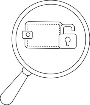 Magnifying glass over wallet and open padlock outline style vector