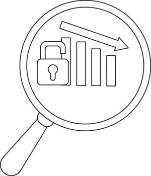 Magnifying glass focusing on a chart with a falling arrow and an open padlock vector
