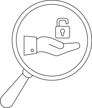 Magnifying glass reveals a hand offering an open padlock symbolizing unlocked security or access vector