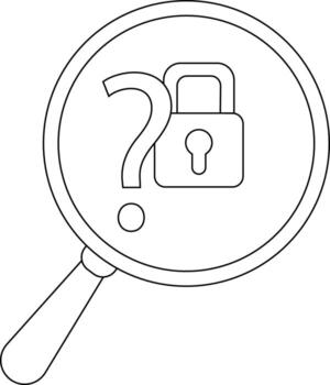 A magnifying glass encloses a question mark beside a padlock suggesting an unsolved security mystery vector