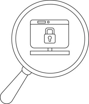 A magnifying glass focuses on a computer monitor displaying a lock symbol indicating security measures vector