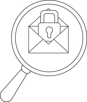 A magnifying glass focuses on an open envelope with a padlock inside symbolizing security vector