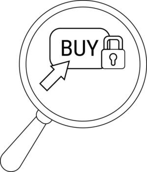 Magnifying glass reveals BUY button cursor padlock suggesting secure online purchase vector