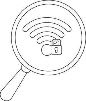 WiFi symbol and padlock under a magnifying glass drawn in black lines vector