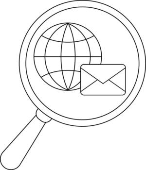 A magnifying glass encompasses a globe and envelope rendered in a simple outlined style vector