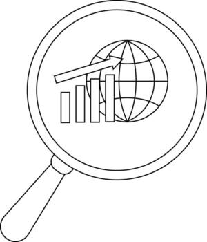 A magnifying glass focuses on a globe with a rising bar graph and arrow suggesting growth vector