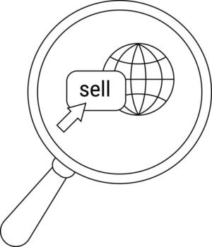 A magnifying glass focuses on a globe with a sell button and a cursor vector