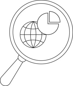 A magnifying glass highlighting a globe and a pie chart vector
