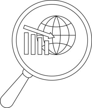 A magnifying glass highlights a globe overlaid with a declining bar graph and an arrow pointing downward vector