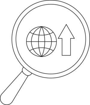 A magnifying glass magnifies a globe and an upwardpointing arrow vector