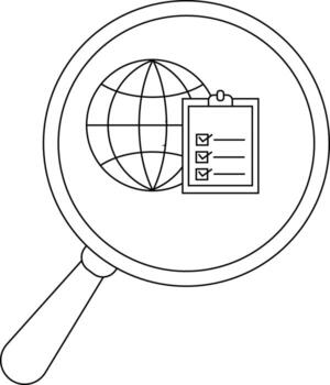 A magnifying glass reveals a globe next to a clipboard with checkmarks and lines vector