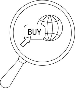 A magnifying glass reveals a globe with a BUY button cursor suggesting online global purchasing vector