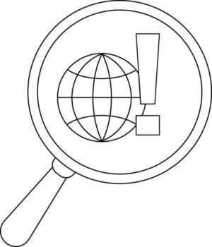 A magnifying glass reveals a globe with an adjacent exclamation point in a square vector
