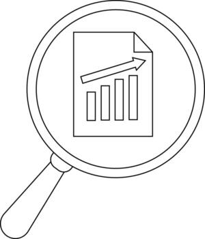 A magnifying glass focuses on a document with a bar graph and upward arrow vector