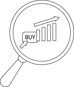 A magnifying glass highlights a BUY button and a rising bar graph with an arrow vector