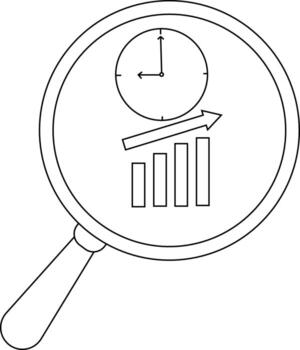 Magnifying glass focuses on a clock above a rising bar graph with an arrow illustrating growth over time vector