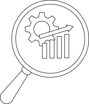 A magnifying glass reveals a gear bar graph and arrow pointing upward all in outline form vector