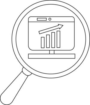 A computer screen with a rising bar graph is seen through a magnifying glass vector