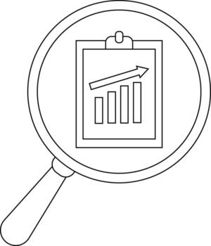 A magnifying glass focuses on a chart with rising bars and an arrow symbolizing growth vector