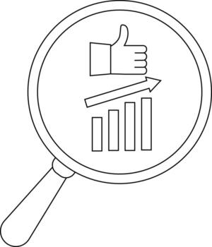 A magnifying glass encompasses a thumbsup icon an upward arrow and three bar graphs increasing in height vector