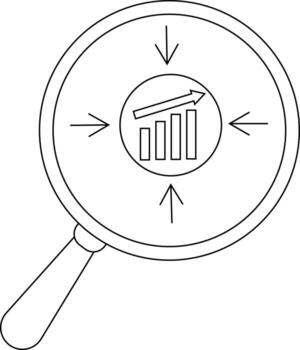 A magnifying glass focuses on a graph within a circle surrounded by four arrows vector