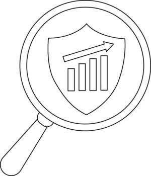 A magnifying glass frames a shield displaying a rising bar graph and an upward arrow vector