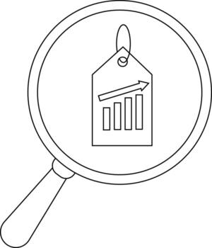 A magnifying glass focuses on a price tag with a rising bar graph and arrow symbolizing business growth analysis vector