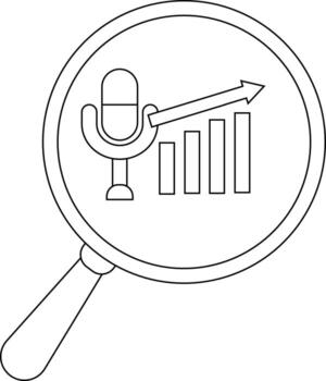 A magnifying glass frames a microphone bar graph and arrow pointing upwards vector