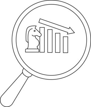 A magnifying glass focuses on a chess knight a bar graph with a declining arrow vector