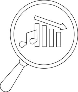 A magnifying glass focuses on a descending bar graph accompanied by a musical note and arrow vector