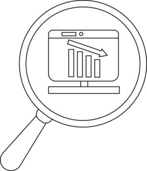 A magnifying glass focuses on a computer screen displaying a downwardtrending graph vector