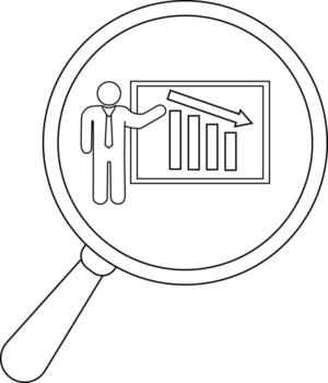 A magnifying glass focuses on a person presenting a chart with a declining trend vector