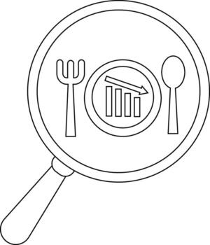 A magnifying glass focusing on a plate with a fork spoon and descending bar graph on it vector