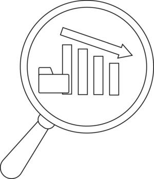 A magnifying glass highlights a declining bar graph beside a file folder with a downwardpointing arrow above the graph vector