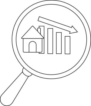 A magnifying glass highlights a house beside a declining bar graph with an arrow pointing downward vector