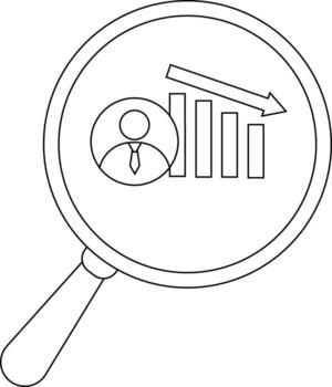 A magnifying glass highlights a person a declining graph and an arrow pointing downward vector