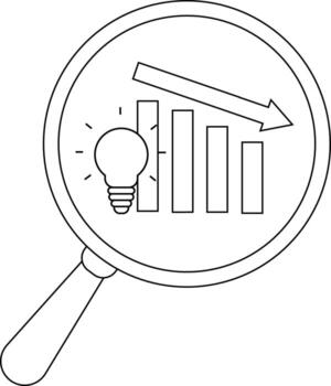 A magnifying glass revealing a declining bar graph with a lightbulb beside it vector