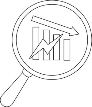 A magnifying glass reveals a graph with downward trend and jagged lines symbolizing decline or instability vector