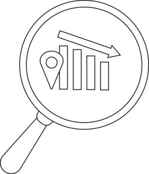 A magnifying glass showing a falling graph marked by a location pin indicating economic or locationbased decline vector