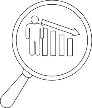 Magnifying glass focused on a figure graph decreasing with a downwards arrow vector