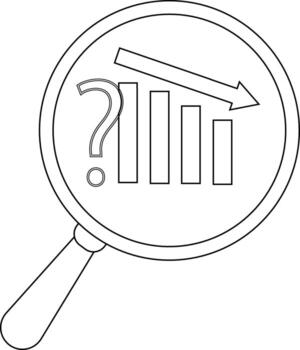Magnifying glass focuses on a downward bar graph highlighted by a question mark and an arrow vector