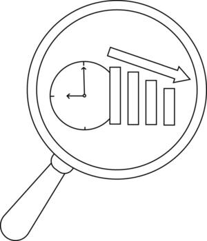 Magnifying glass over graph and clock bars decline under a downward arrow time pressure vector
