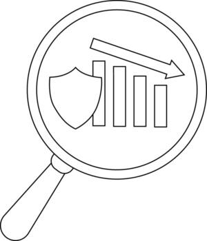 The image features a magnifying glass encapsulating a shield a decreasing bar graph and a downwardpointing arrow vector