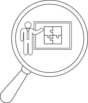 un aumentador vaso se enfoca en un figura presentación un cuatro piezas rompecabezas rompecabezas dentro un enmarcado tablero vector