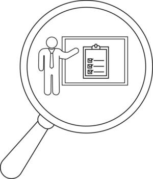 A magnifying glass focuses on a figure presenting a checklist on a whiteboard vector