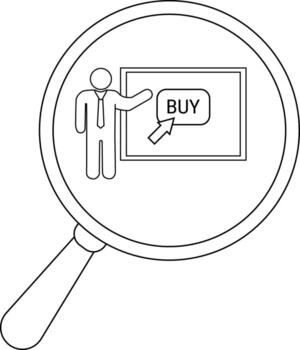 A magnifying glass reveals a person pointing to a BUY button on a framed screen vector