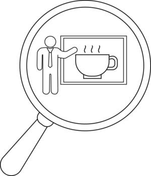 Magnified view of a presenter pointing to a cup of steaming beverage on a board vector