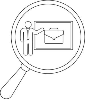 Magnifying glass shows a person in front of a board with a briefcase vector